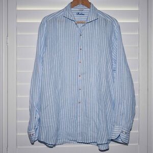 Stenstroms Fitted Body Blue White Stripes Stitch Linen Button Up Shirt XXL